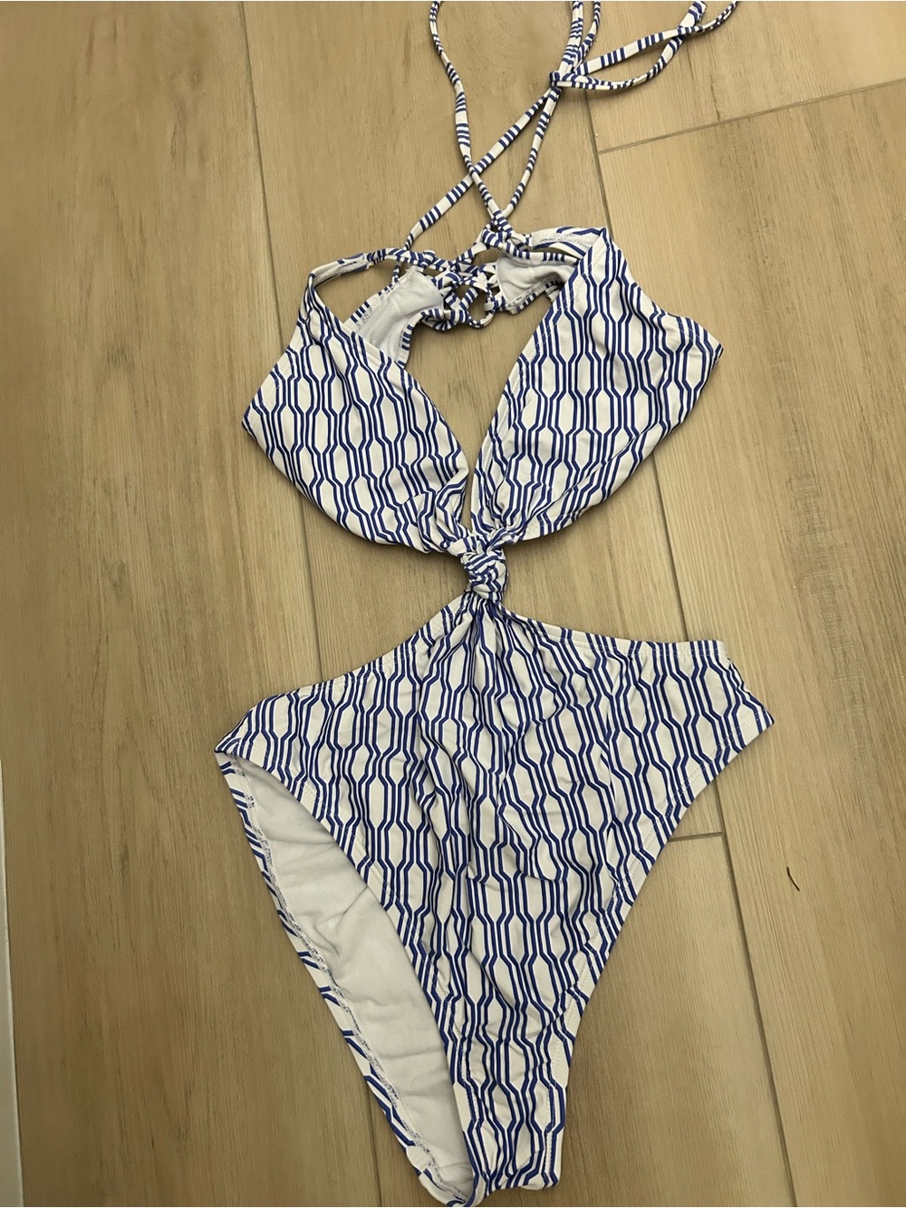 Lulu's Blue & White Geometric Cutout One-Piece Swimsuit